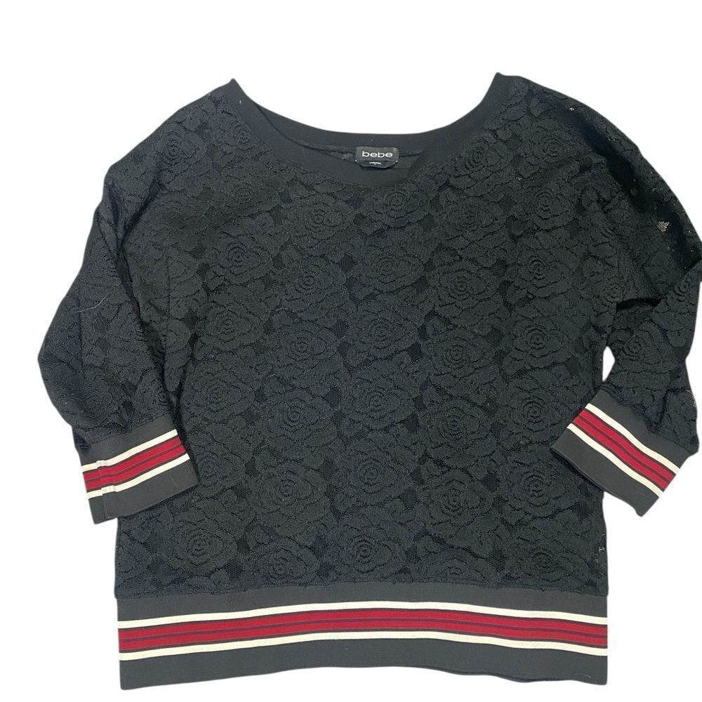 Bebe Black Lace Sweater with Striped Accents